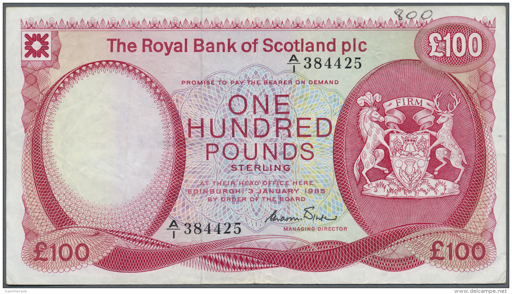 Scotland / Schottland: The Royal Bank Of Scotland PLC 100 Pounds 1985 P. 345, Used With Several Folds And A Pen Writing - Autres & Non Classés