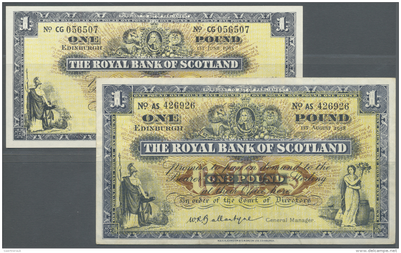 Scotland / Schottland: Set Of 2 Notes The Royal Bank Of Scotland Containing 1 Pound 1958 P. 324b (VF-) And 1 Pound 1965 - Autres & Non Classés