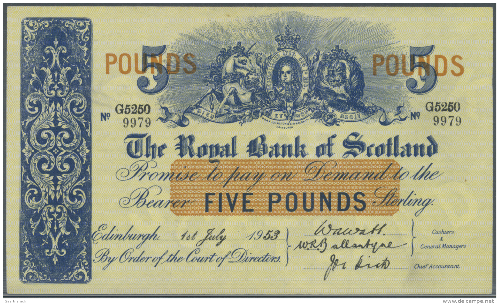 Scotland / Schottland: 5 Pounds 1953 "The Royal Bank Of Scotland" P. 323b, Pressed, Light And Hard To See Center Fold, S - Autres & Non Classés