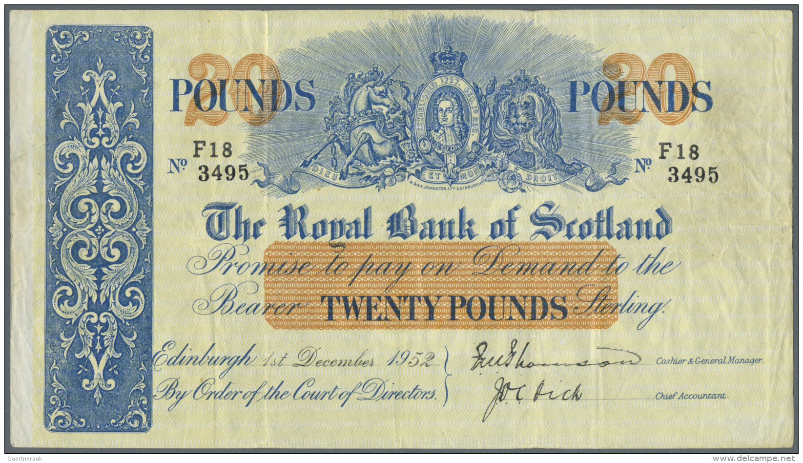 Scotland / Schottland: The Royal Bank Of Scotland 20 Pounds 1952 P. 319c, Seldom Seen Higher Denomination, Folded Vertic - Autres & Non Classés
