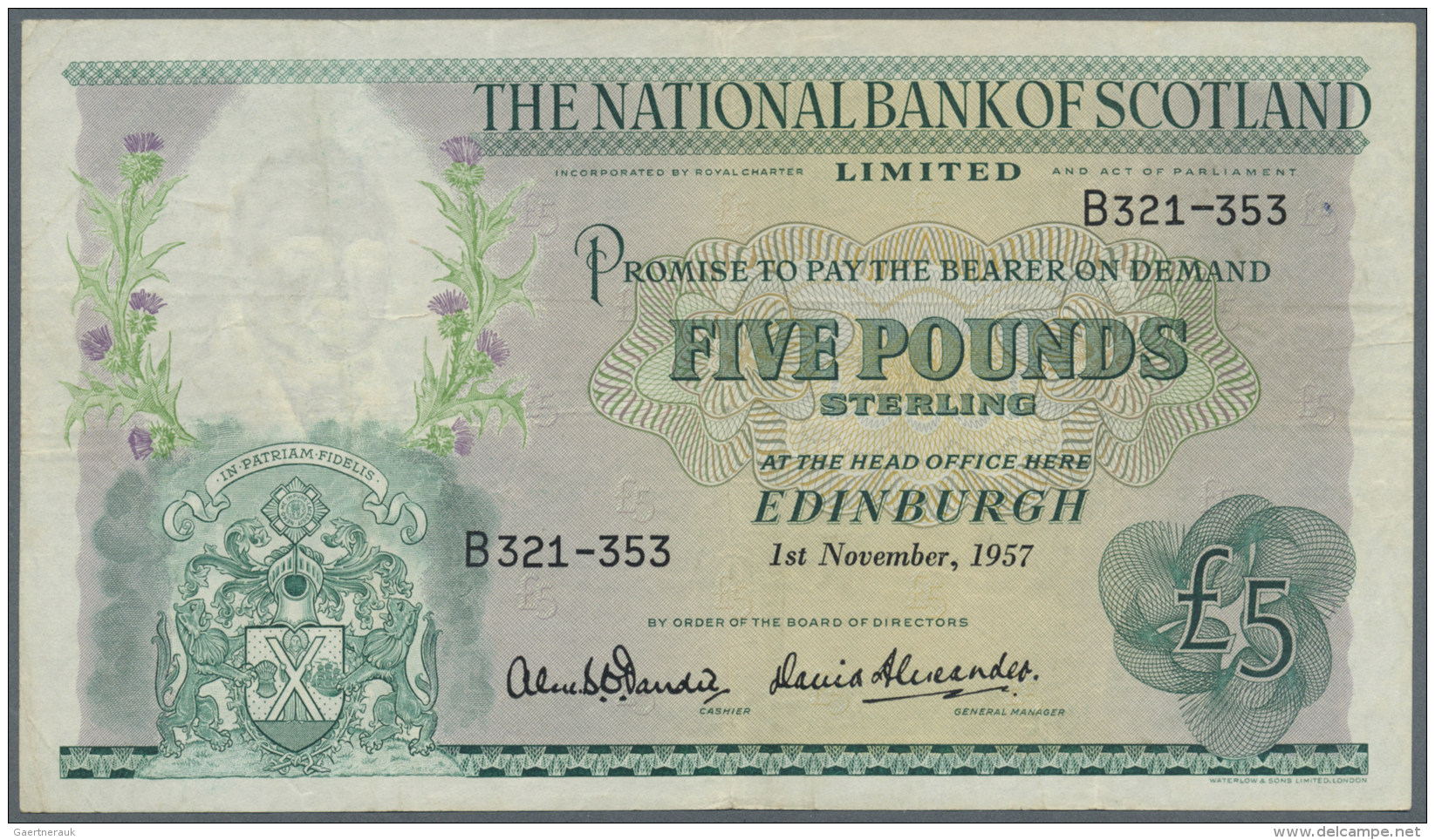 Scotland / Schottland: The National Bank Of Scotland Limited 5 Pounds 1957 P. 262, Lightly Stained Paper, Stronger Cente - Autres & Non Classés