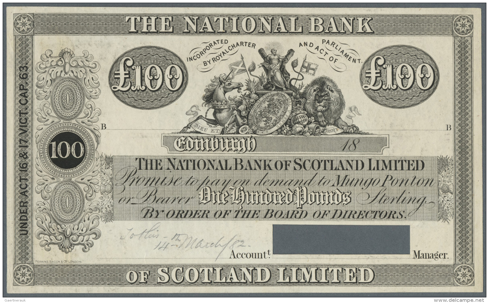 Scotland / Schottland: The National Bank Of Scotland Limited 100 Pounds ND(1882) P. 243p, Signature Area Cut Out, Pencil - Autres & Non Classés