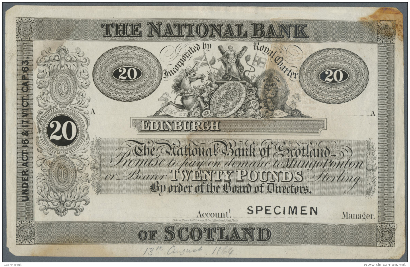 Scotland / Schottland: The National Bank Of Scotland Limited 20 Pounds ND(1862) Proof P. 238p, Stamped Specimen At Lower - Autres & Non Classés