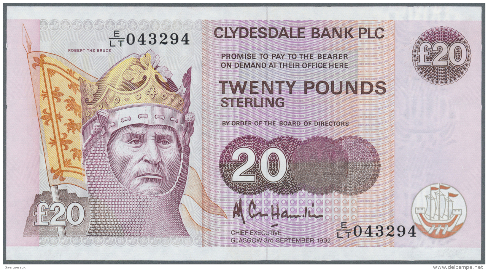 Scotland / Schottland: Clydesdale Bank PLC 20 Pounds 1992 P. 220a Crisp Original, Just At Left Border Slight Scratch Of - Autres & Non Classés