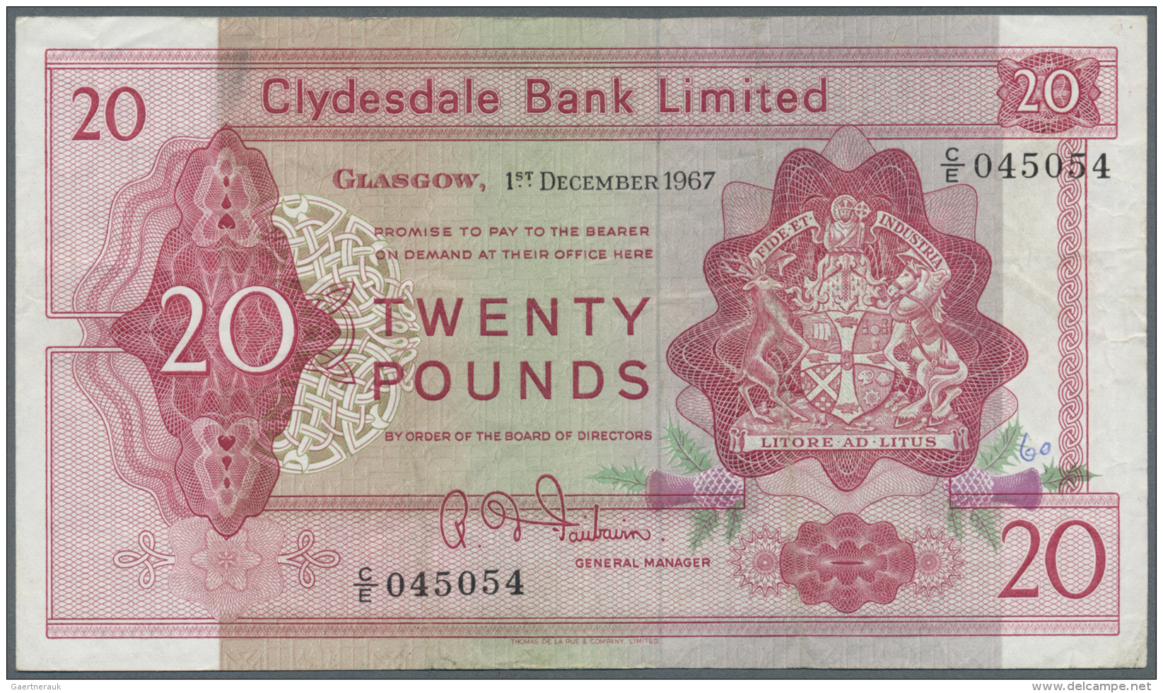 Scotland / Schottland: Clydesdale Bank Limited 20 Pounds 1967 P. 200, Several Folds In Paper, Light Stain At Upper Left, - Autres & Non Classés