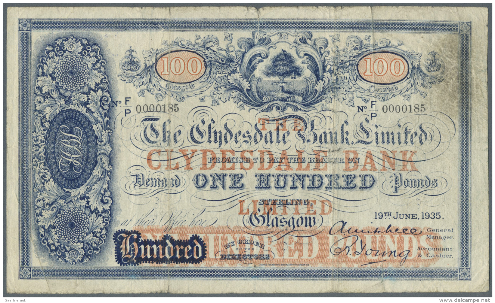 Scotland / Schottland: The Clydesdale Bank 100 Pounds 1935 P. 188, Great Rare Note, Several Folds And Creases In Paper, - Autres & Non Classés