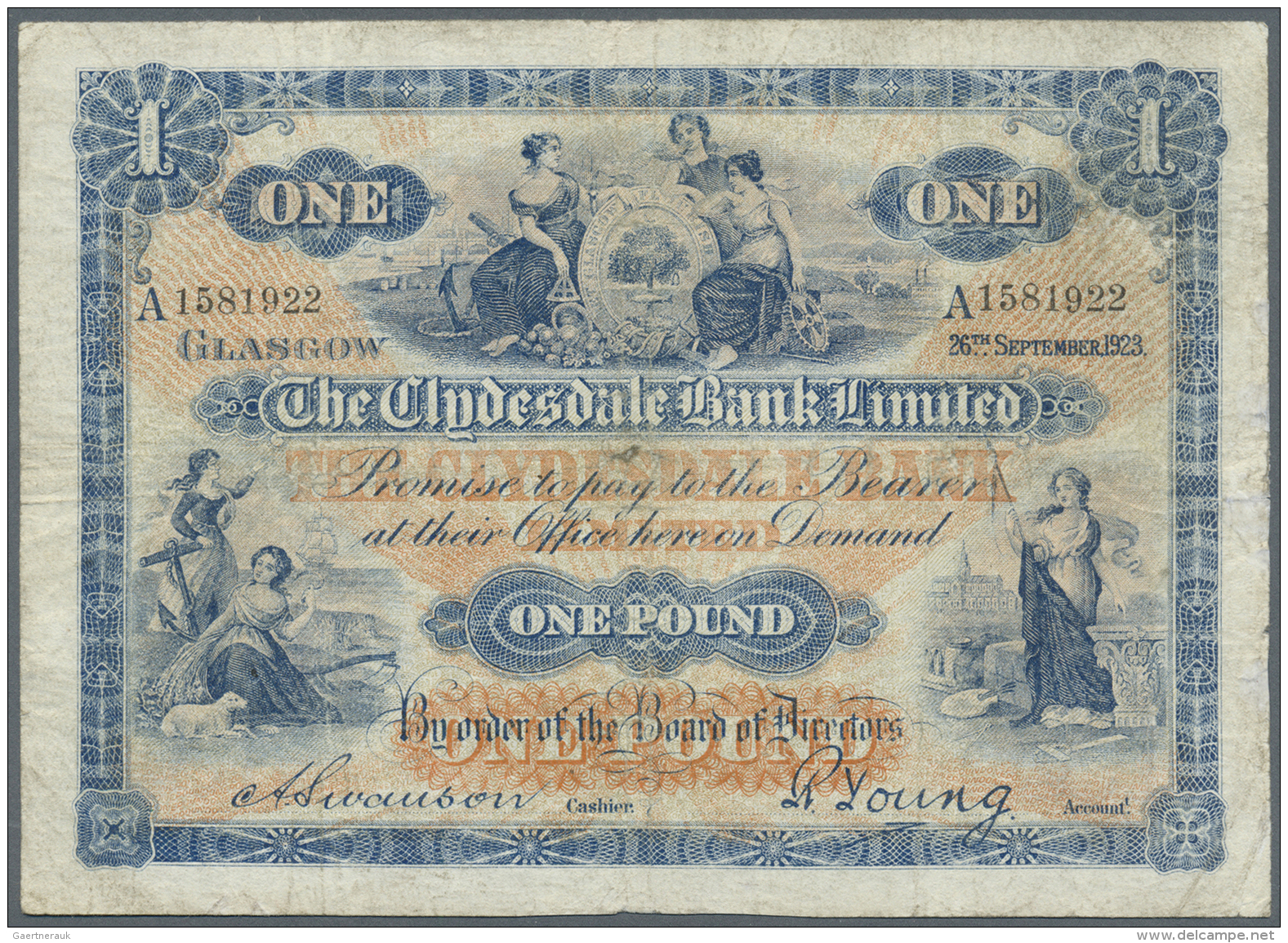 Scotland / Schottland: The Clydesdale Bank 1 Pound 1923 P. 185, Very Strong Center And Horizontal Fold, Pressed, Small R - Autres & Non Classés