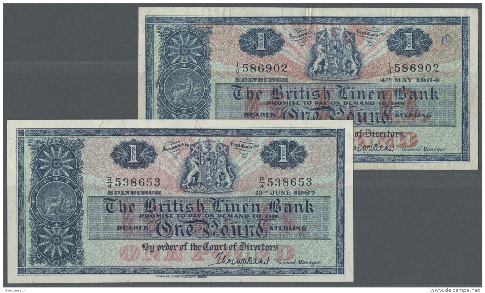 Scotland / Schottland: Pair With 1 Pound 1964 And 1 Pound 1967, P.166c, 168 In F+ And UNC Condition (2 Banknotes) - Autres & Non Classés