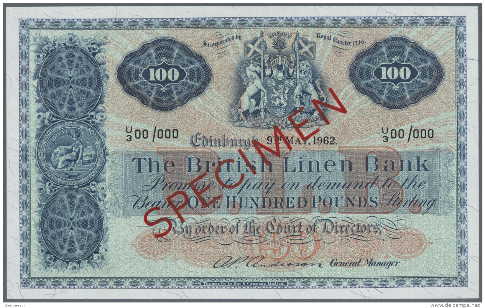 Scotland / Schottland: The British Linen Bank 100 Pounds 1962 Specimen P. 165s, Zero Serial Numbers, Specimen Overprint, - Altri & Non Classificati