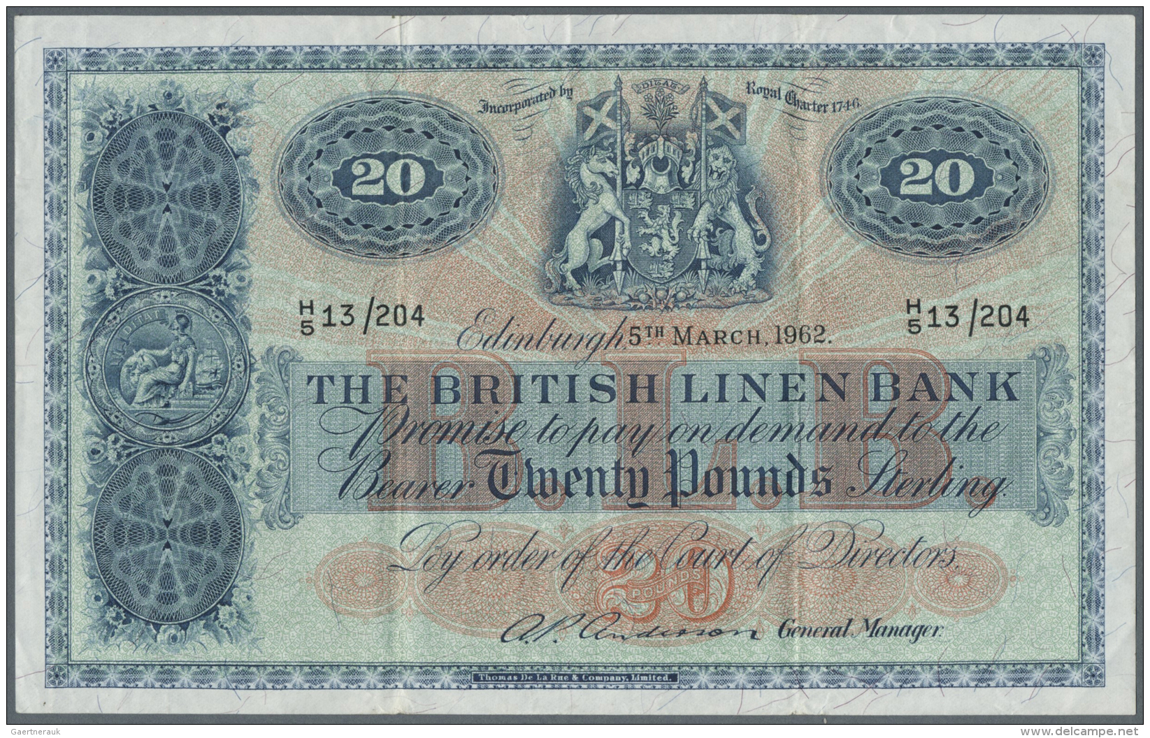 Scotland / Schottland: The British Linen Bank 20 Pounds 1962 P. 164, 3 Vertical Folds An Various Handling In Paper But N - Autres & Non Classés