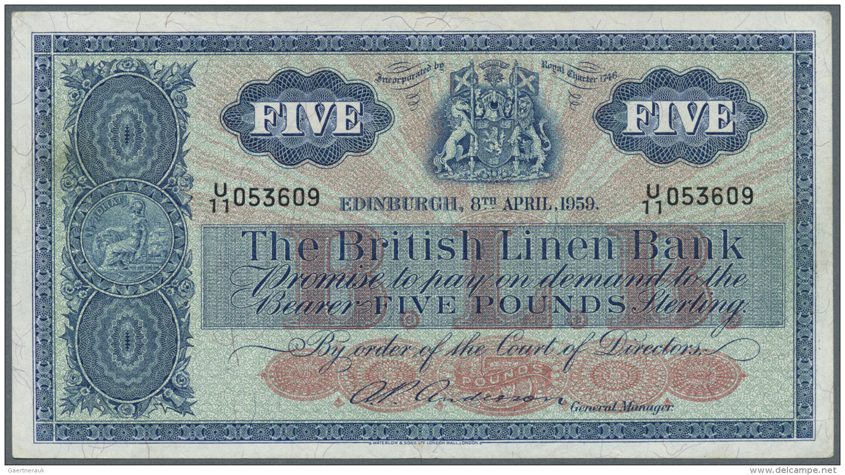 Scotland / Schottland: 5 Pounds 1959, The British Linen Bank, P. 161b, 3 Light Vertical And 1 Light Horizontal Fold, No - Autres & Non Classés