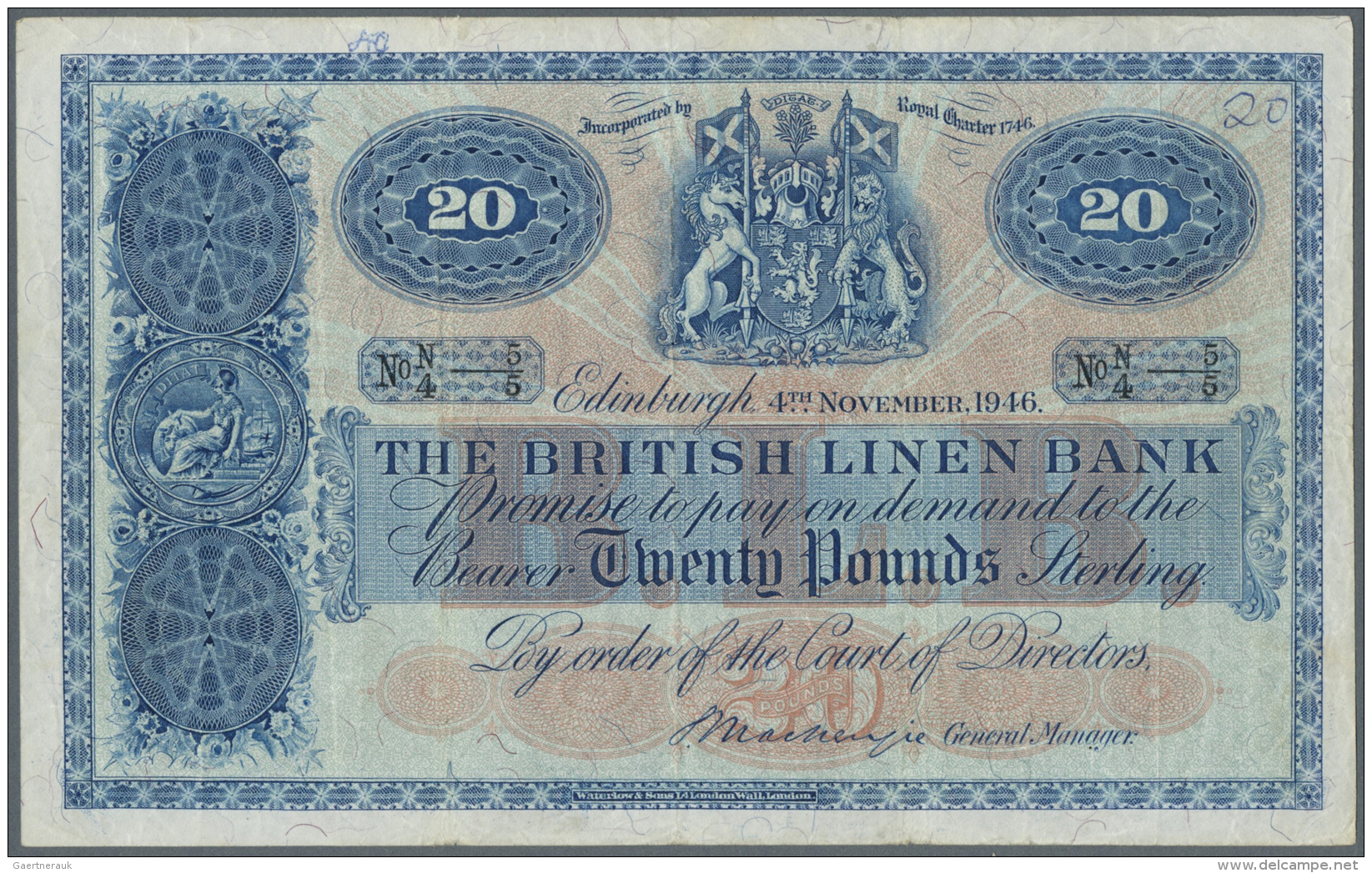 Scotland / Schottland: 20 Pounds 1946 P. 159b, 3 Vertical And 1 Horizontal Fold, Handling In Paper Due To Circulation, L - Altri & Non Classificati
