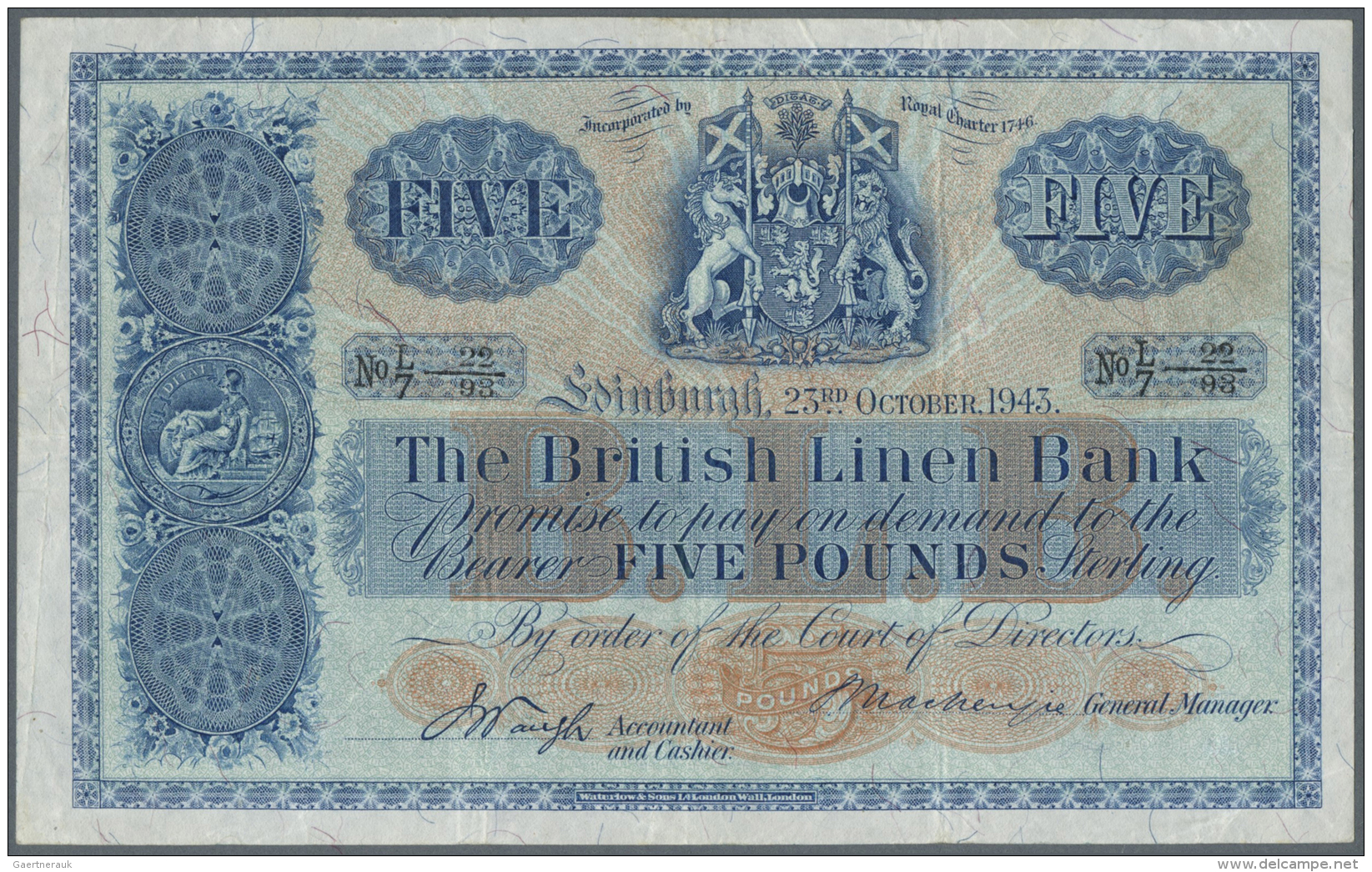 Scotland / Schottland: The British Linen Bank 5 Pounds 1943 P. 158b, Several Vertical And Horizontal Folds, No Holes Or - Autres & Non Classés