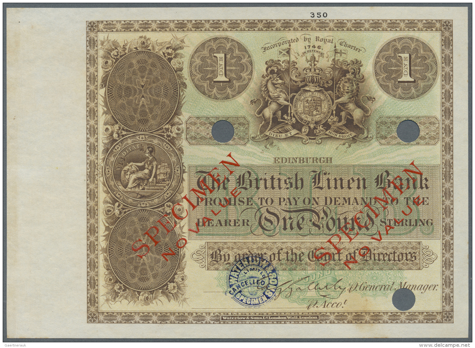 Scotland / Schottland: The British Linen Bank 1 Pound ND(1914) Color Trial P. 151ct With Large Border At Left, Hole Canc - Altri & Non Classificati