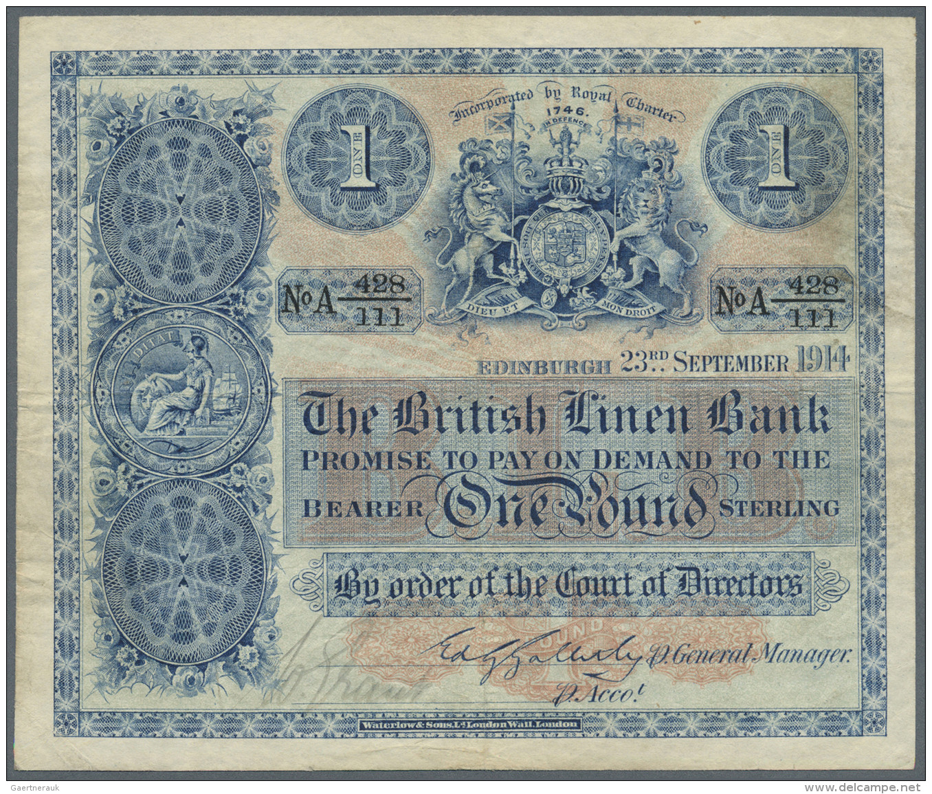 Scotland / Schottland: The British Linen Bank 1 Pound 1914 P. 151a, Early Type, Vertical And Horizontal Fold With Stain - Altri & Non Classificati