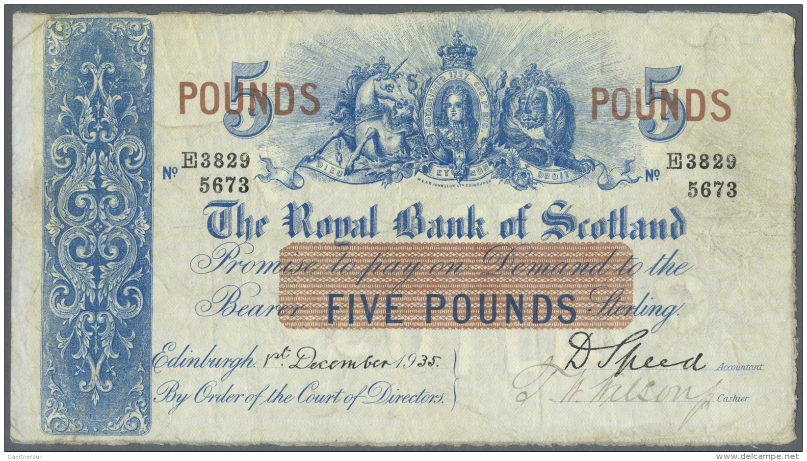 Scotland / Schottland: The Royal Bank Of Scotland 5 Pounds 1935 P. 137b, Used With Vertical And Horizontal Folds With Li - Altri & Non Classificati