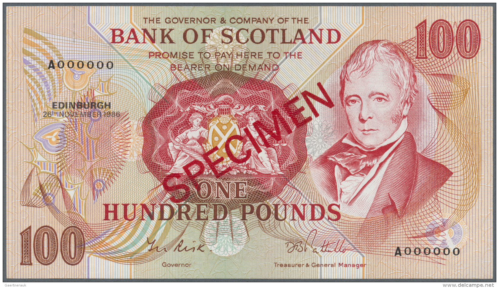 Scotland / Schottland: Bank Of Scotland 100 Pounds 1986 Specimen P. 115s In Crisp Original Condition: UNC. - Autres & Non Classés