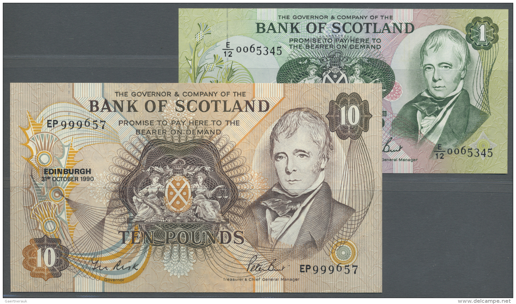 Scotland / Schottland: Pair With 1 Pound 1988 In AUNC And 10 Pounds 1990 In UNC, P.111g, 113d (2 Banknotes) - Autres & Non Classés