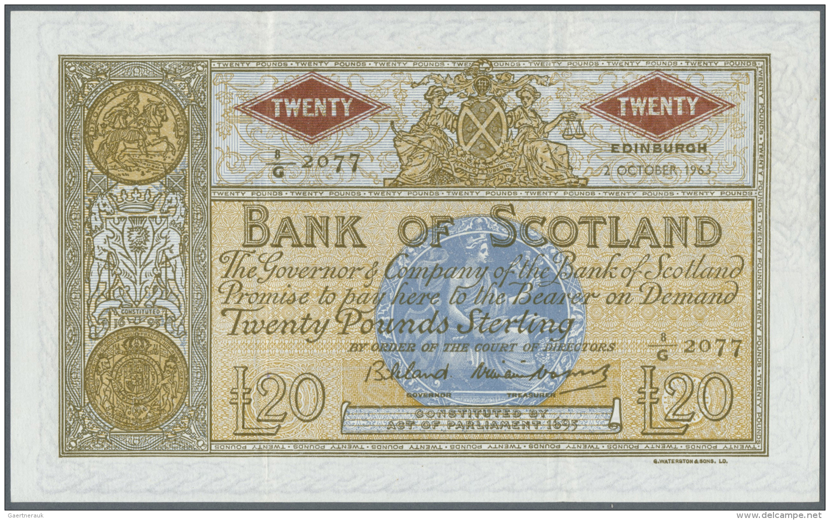 Scotland / Schottland: Bank Of Scotland 20 Pounds 1963 P. 110A, 2 Vertical Folds, No Holes Or Tears, Crisp Original Pape - Autres & Non Classés
