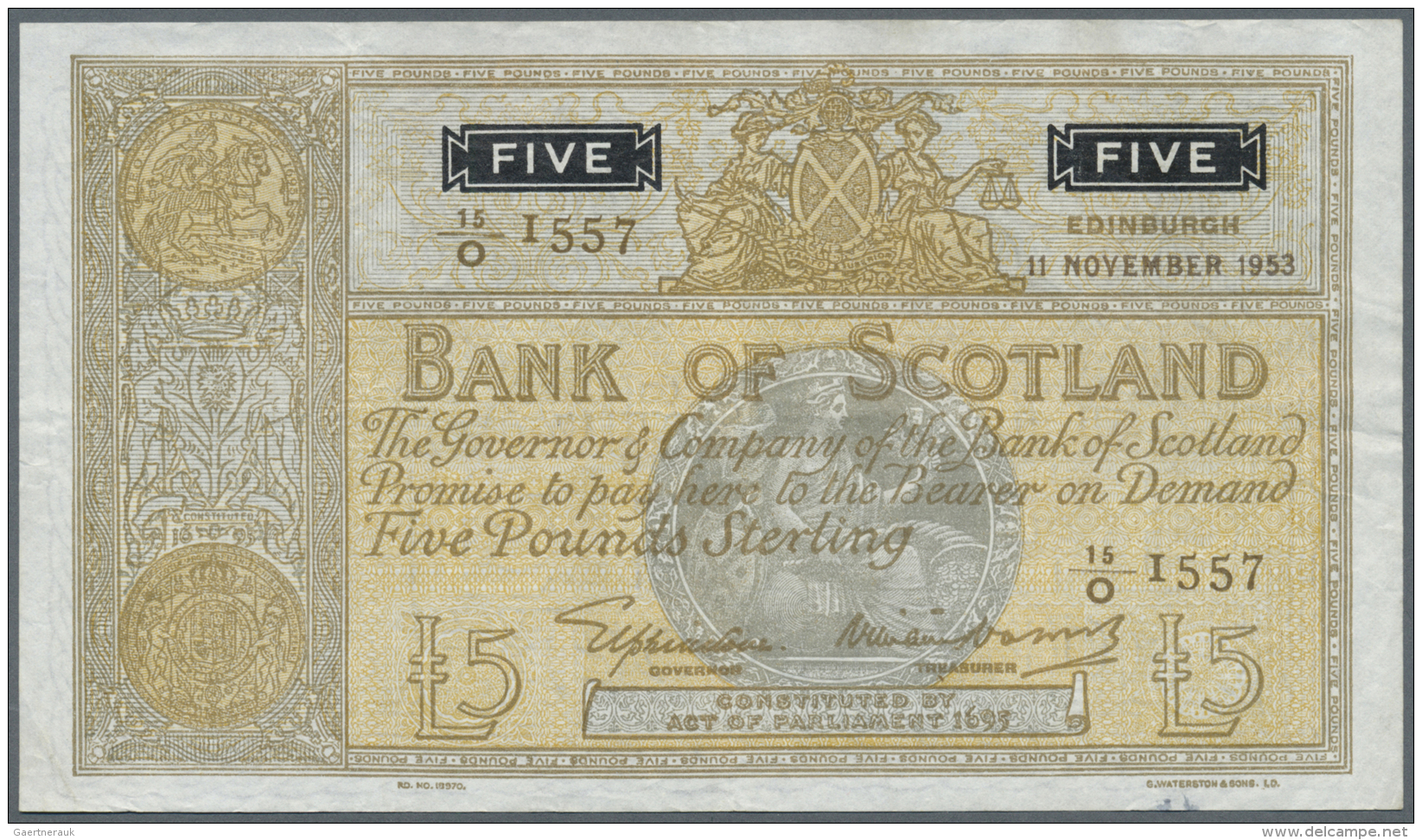 Scotland / Schottland: 5 Pounds 1953 P. 98b, Bank Of Scotland, Several Vertical Folds And Light Handling In Paper, Stain - Altri & Non Classificati