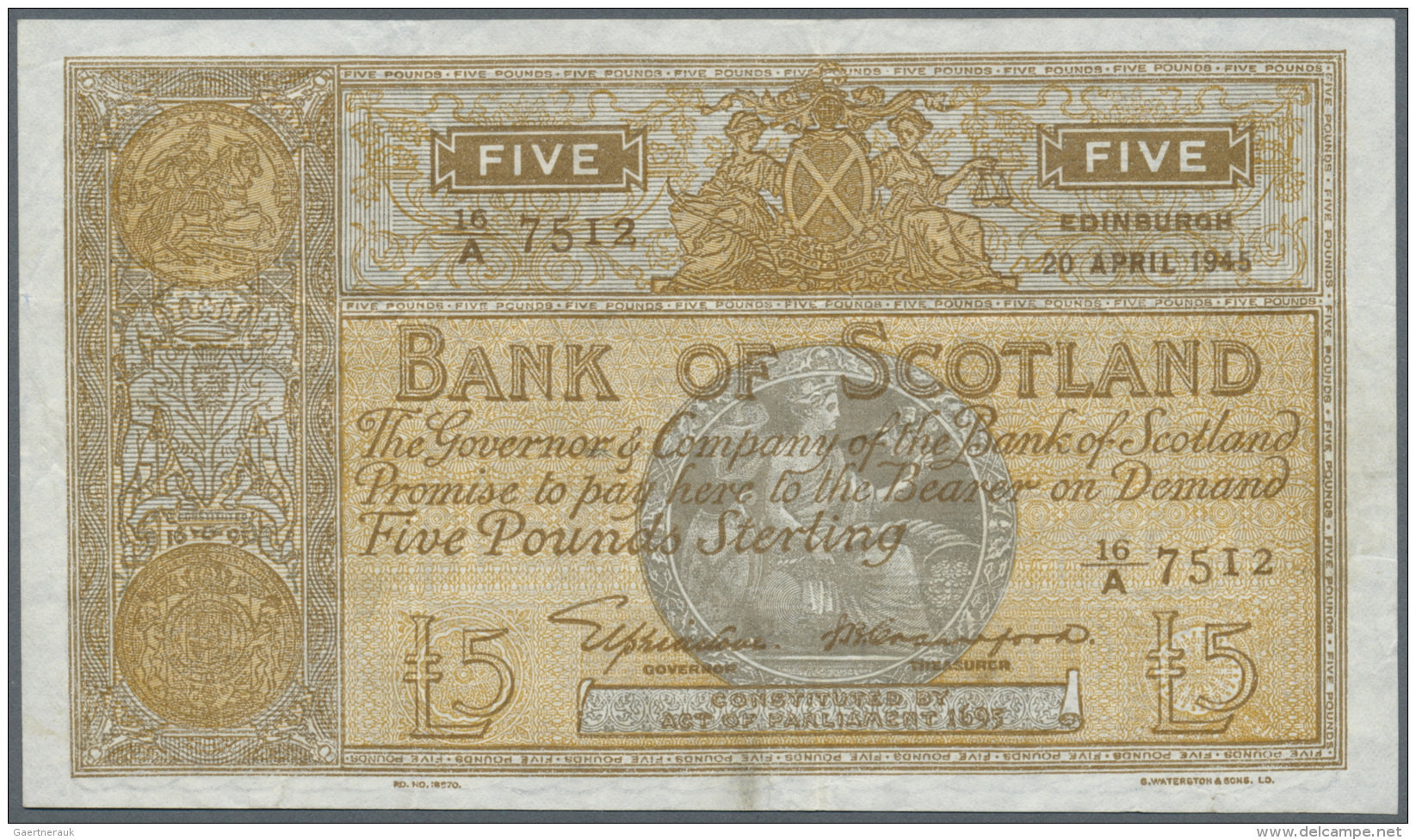 Scotland / Schottland: 5 Pounds 1945 P. 97b, Bank Of Scotland, 2 Vertical Folds, Handling In Paper, Staining At Lower Bo - Altri & Non Classificati