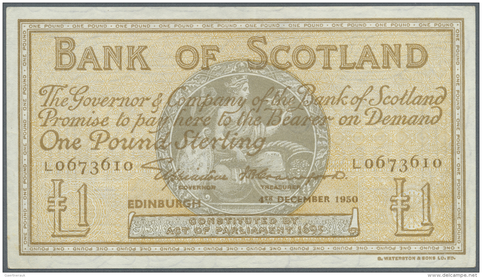 Scotland / Schottland: 1 Pound 1950 P. 96b, Bank Of Scotland, 3 Lighter Vertical Folds, No Holes Or Tears, Clean Paper W - Autres & Non Classés