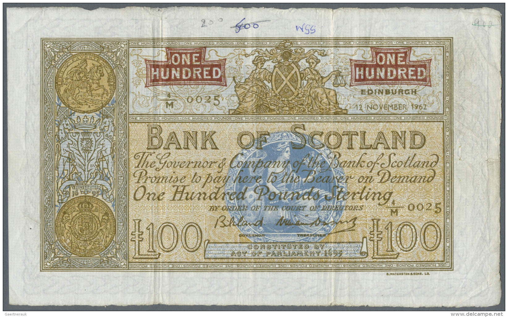 Scotland / Schottland: 100 Pounds 1962 P. 95e, Bank Of Scotland, Several Vertical Folds, One Horizontal Fold, Small Pen - Altri & Non Classificati