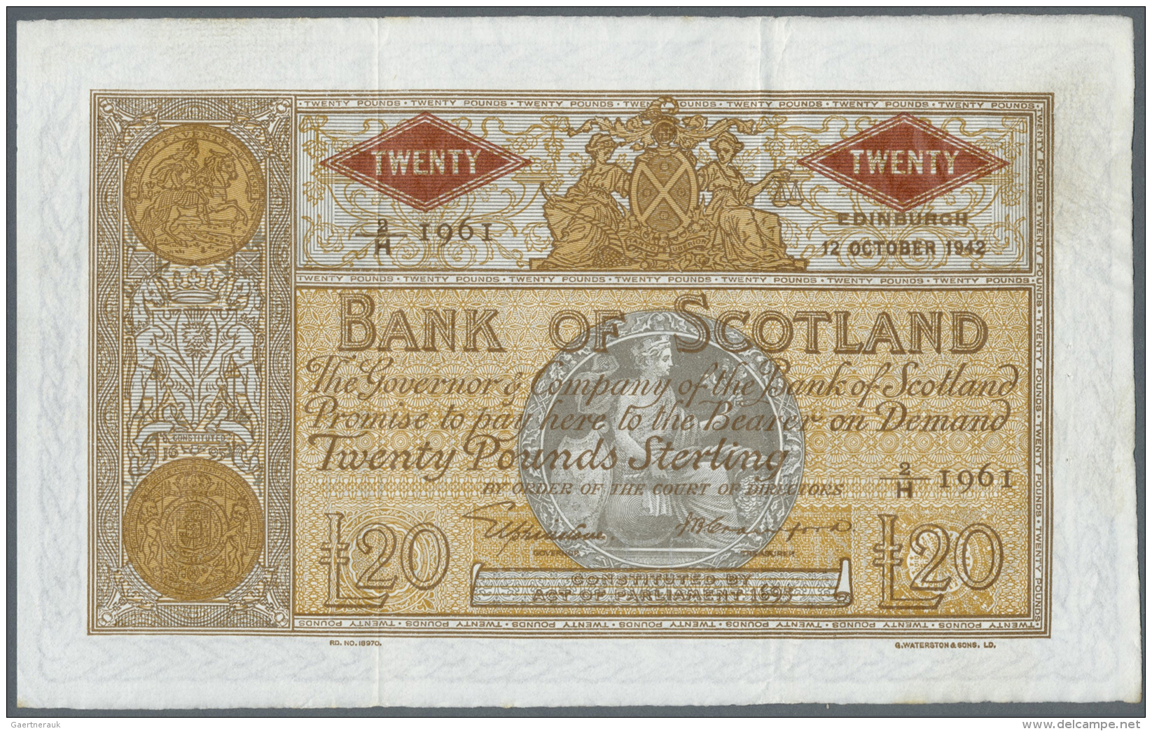 Scotland / Schottland: 20 Pounds 1942 P. 94c, Bank Of Scotland, 2 Vertical And One Horizontal Fold, Light Creases At Upp - Autres & Non Classés