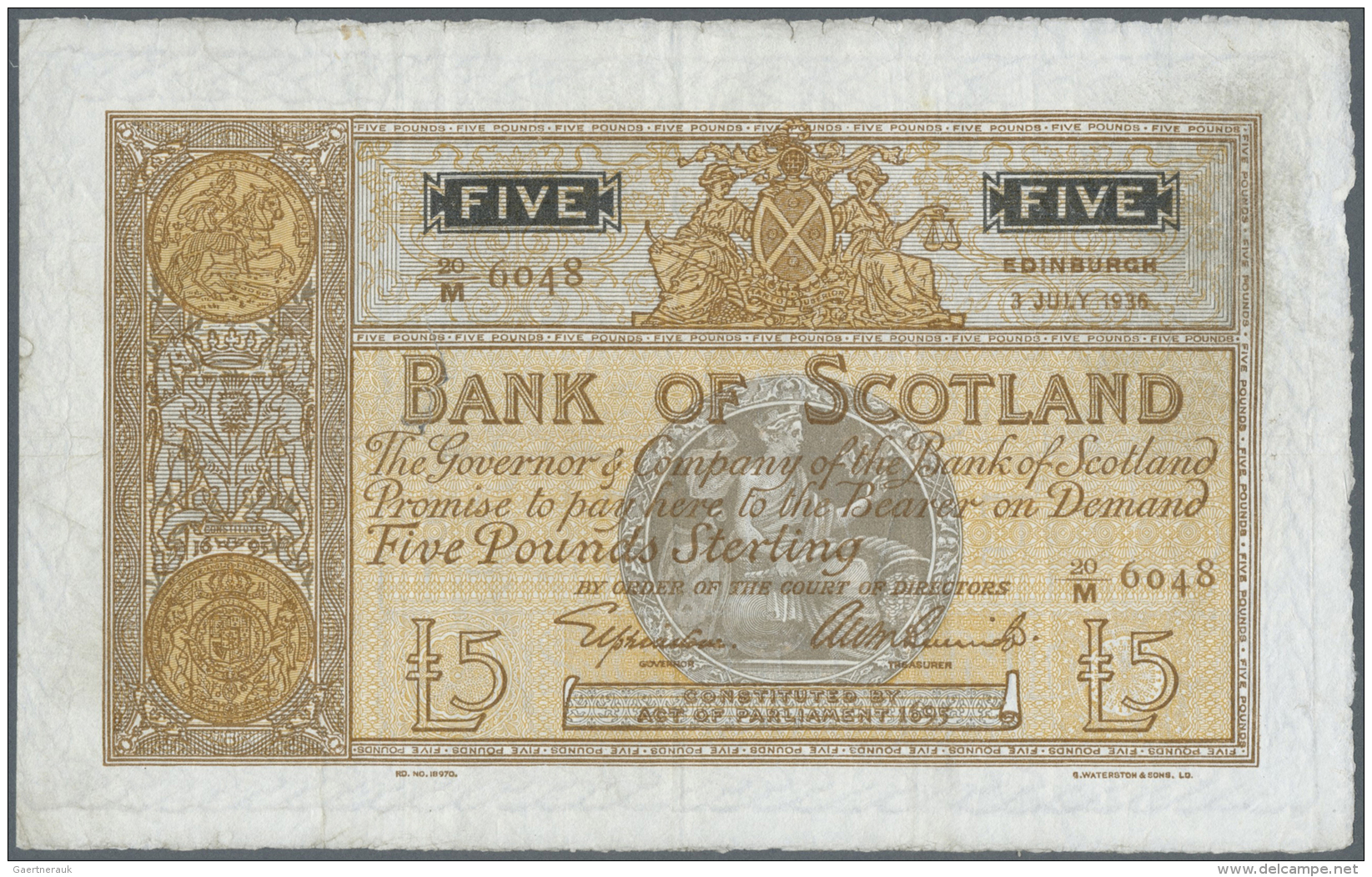 Scotland / Schottland: 5 Pounds 1936 P. 92a, Border Wear At Upper Border, Several Vertical And Horizontal Folds, A Tear - Altri & Non Classificati