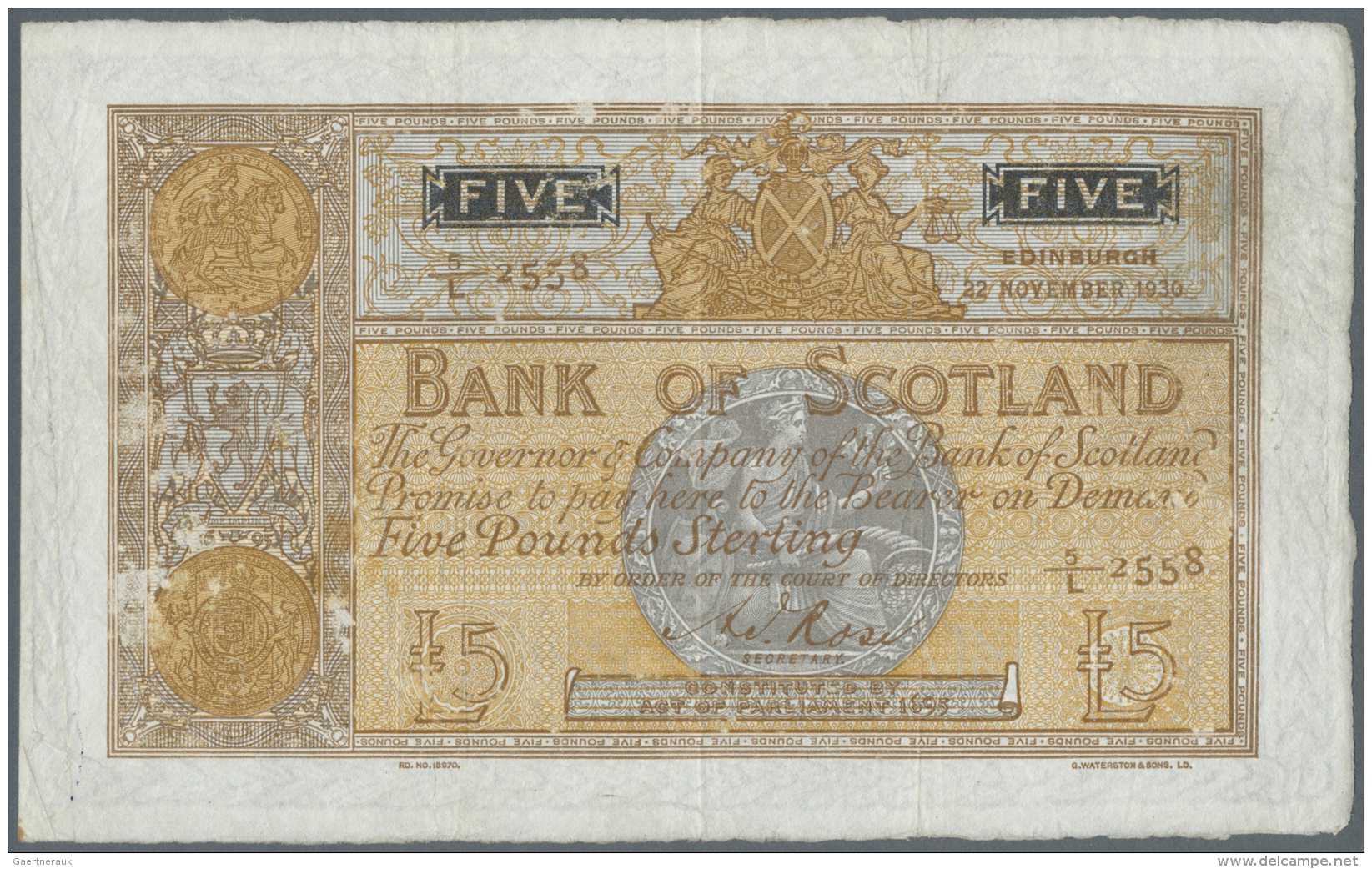 Scotland / Schottland: 5 Pounds 1930 P. 82d, Folded Horizontally And Vertically, Stain Dots At Right On Back, Light Colo - Altri & Non Classificati