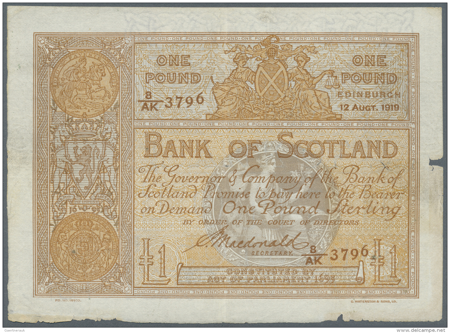 Scotland / Schottland: 1 Pound 1919 P. 81c, Seldom Seen Note, Horizontally And Vertically Folded, Small Missing Part At - Autres & Non Classés