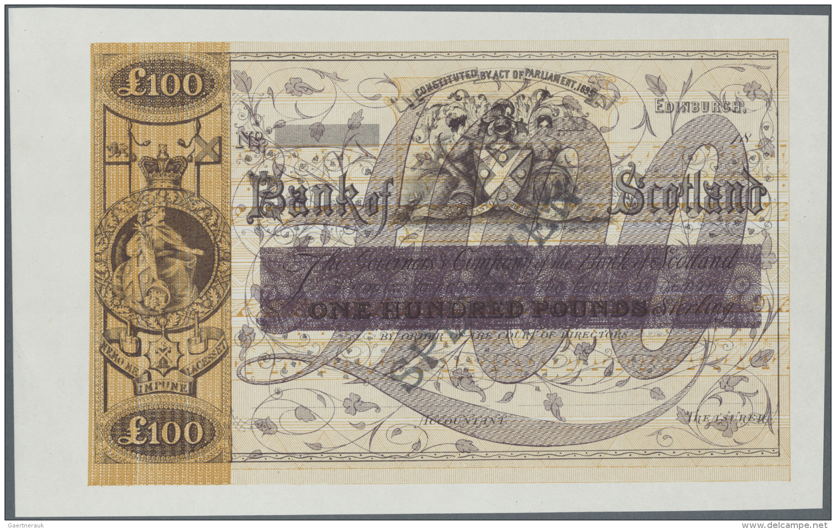 Scotland / Schottland: Bank Of Scotland 100 Pounds ND(18xx) Specimen Color Trial Of P. 69(s), Uniface Printed On Banknot - Autres & Non Classés