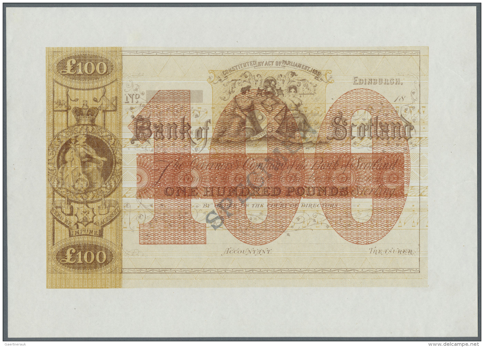 Scotland / Schottland: Bank Of Scotland 100 Pounds ND(18xx) Specimen Color Trial Of P. 69(s), Uniface Printed On Banknot - Autres & Non Classés