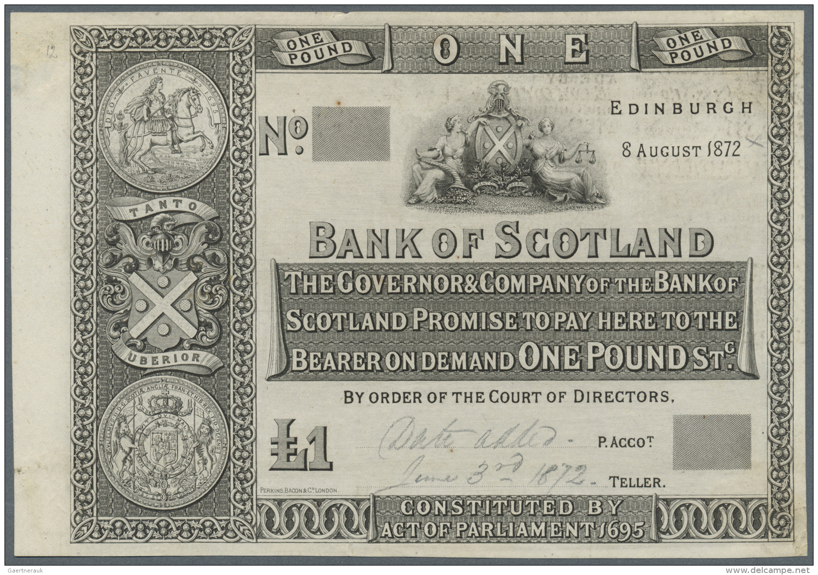 Scotland / Schottland: 1 Pound 1872 Proof P. 65p, Uniface Printed With Pencil Annotations At Lower Border, No Folded, A - Autres & Non Classés