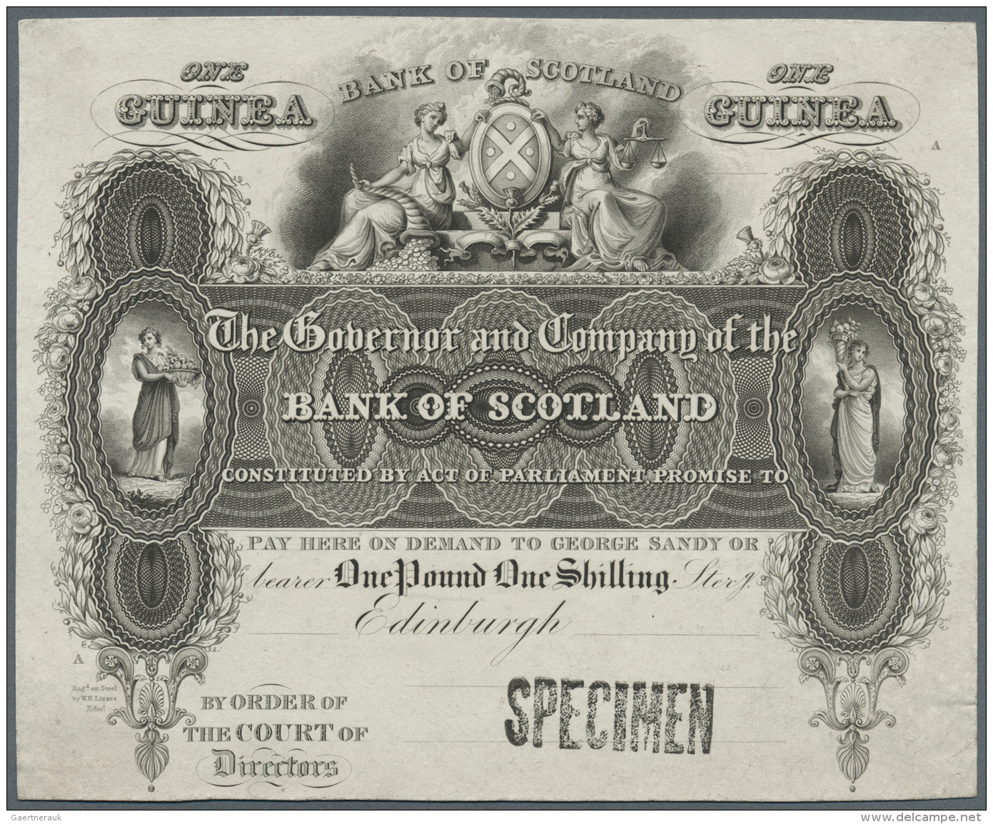 Scotland / Schottland: 1 Guinea ND(1928) Proof Print On Card P. 47p, Stamped "Specimen" At Lower Border, Uniface Print, - Altri & Non Classificati