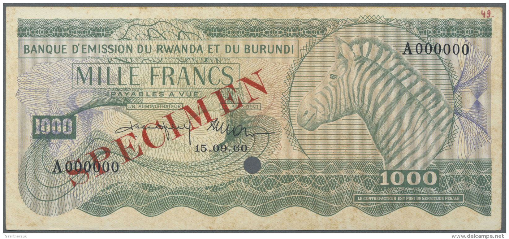 Rwanda-Burundi / Ruanda-Burundi: 1000 Francs 1960 Specimen P. 7s, With Cancellation Hole And Red Specimen Overprint, Zer - Ruanda-Urundi