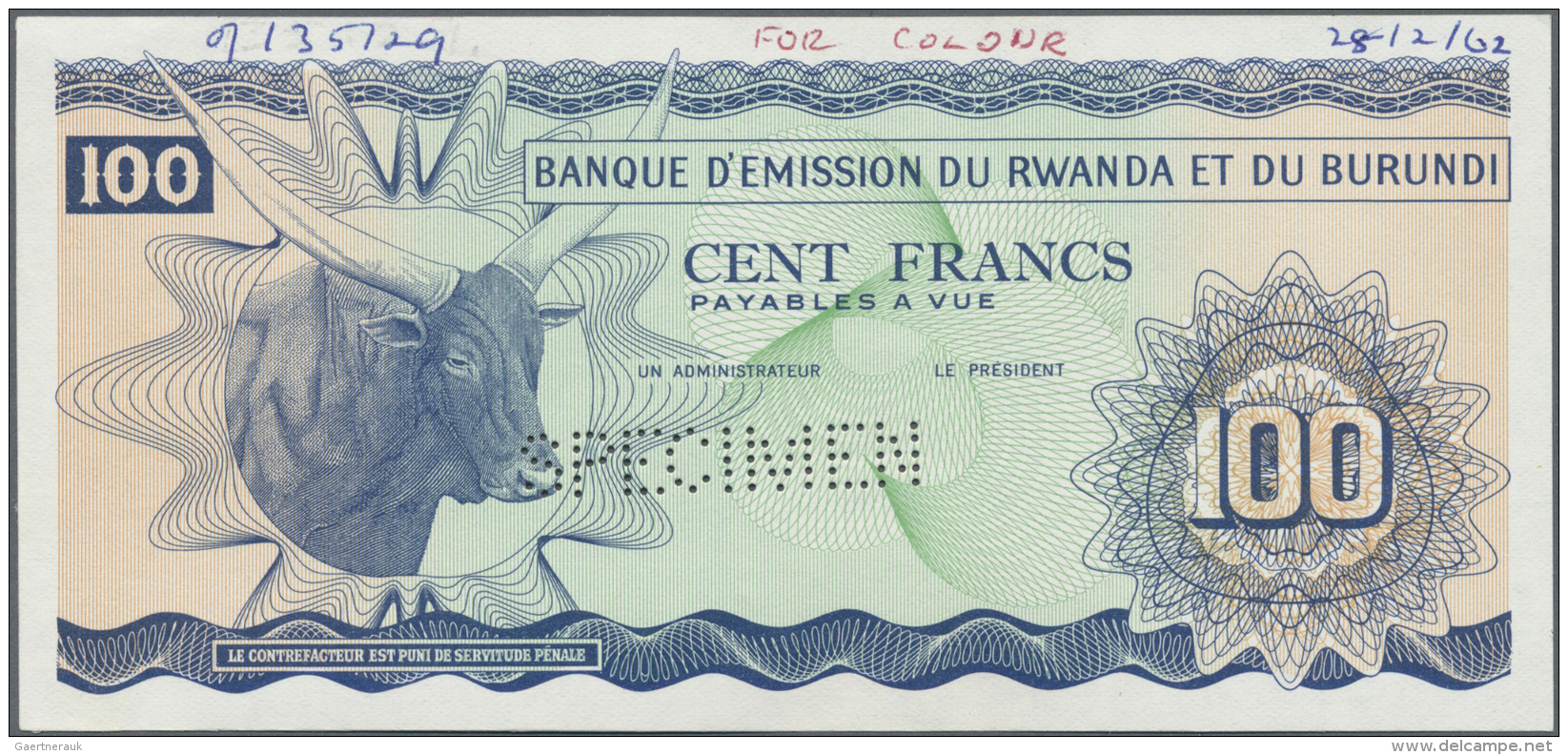 Rwanda-Burundi / Ruanda-Burundi: 100 Francs ND(1962) SPECIMEN P. 5s With "Specimen" Perforation, Printed Without Serial - Ruanda-Urundi