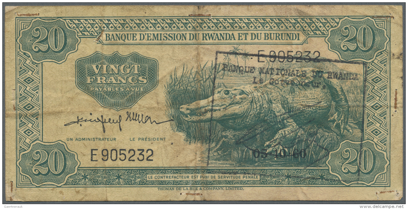 Rwanda / Ruanda: 20 Francs 1960 From Rwanda-Burundi Re-valued For Rwanda With A Stamp Of 1961, P. 1, Used With Several F - Rwanda