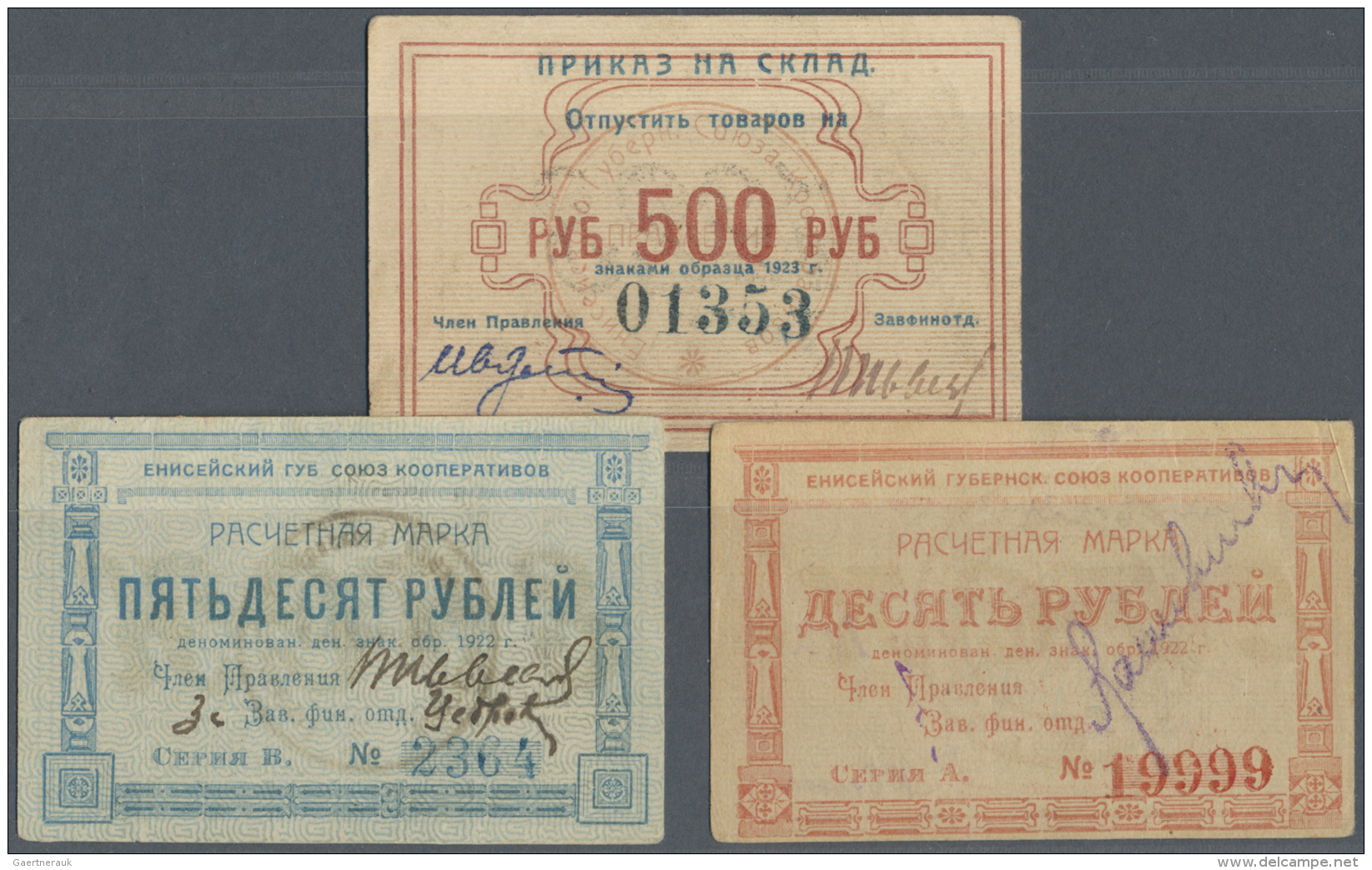 Russia / Russland: Yeniseisk 10, 50 And 500 Rubles Co-op Union, 1923, P.NL In VF Condition (3 Pcs.) - Russie