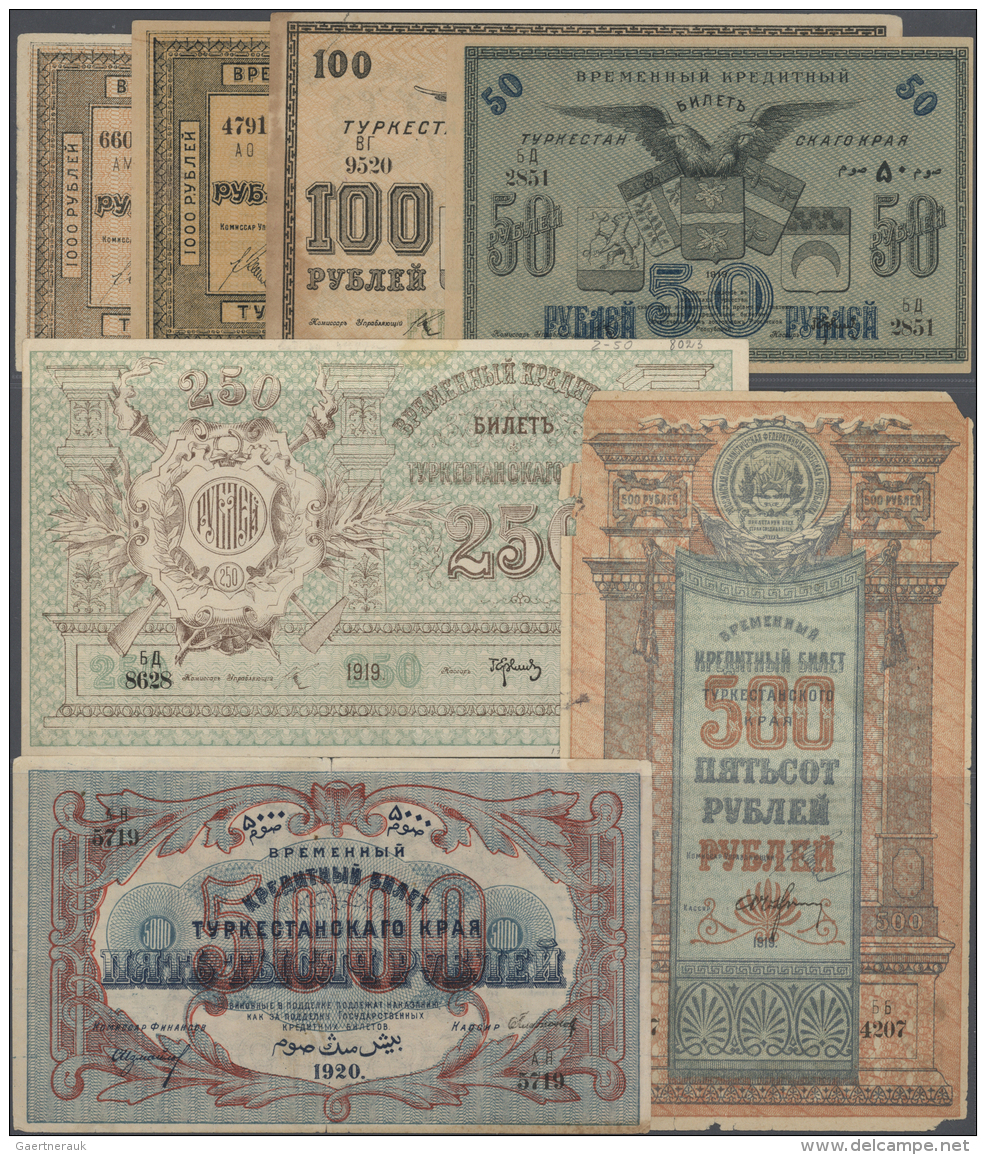 Russia / Russland: Turkestan District Temporary Credit Note Issue 1919, Set With 7 Banknotes Containing 50, 100, 250, 50 - Russie