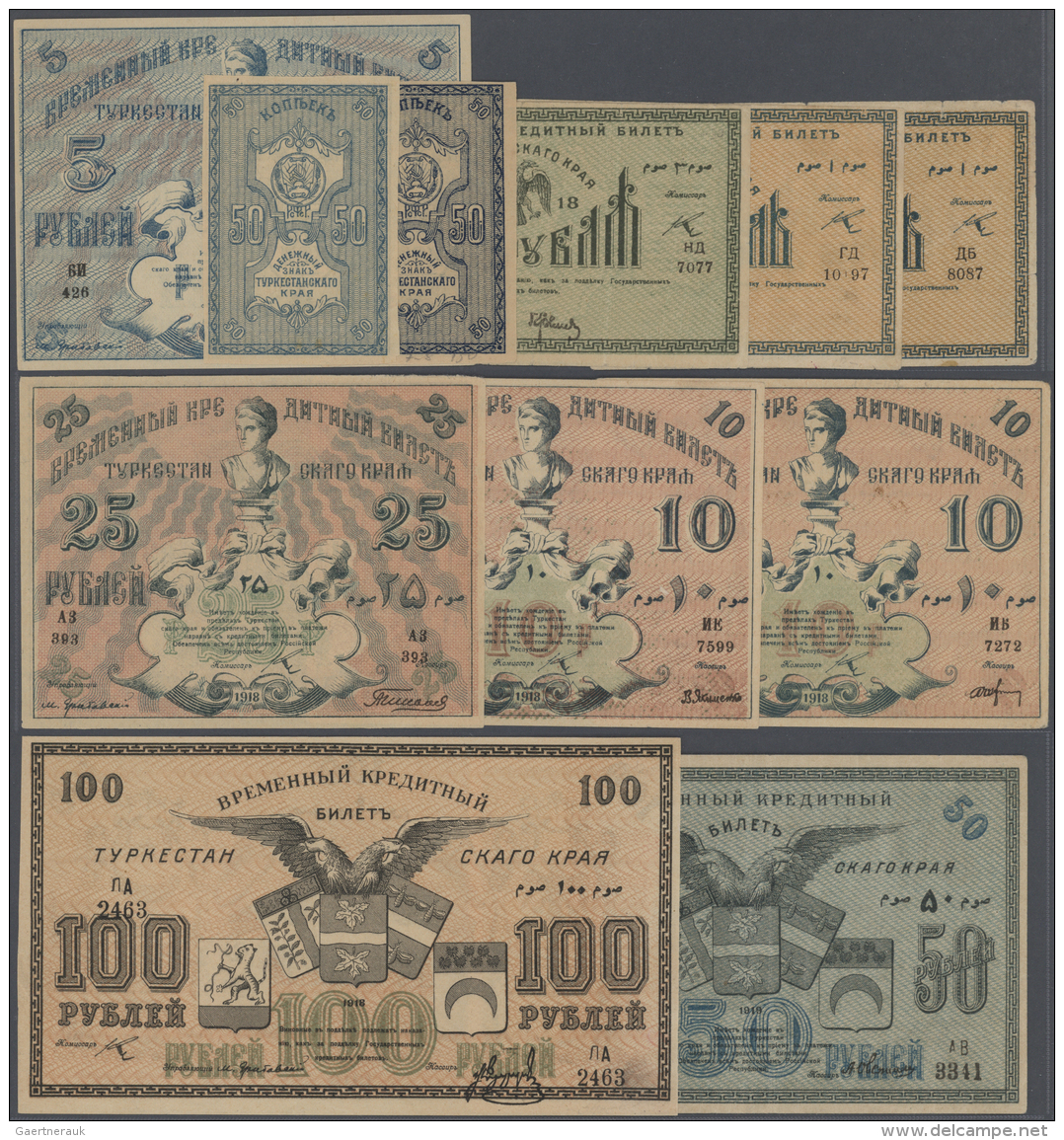 Russia / Russland: Turkestan District Temporary Credit Note Issue 1918, Set With 11 Banknotes Containing 2 X 50 Kopeks, - Russie
