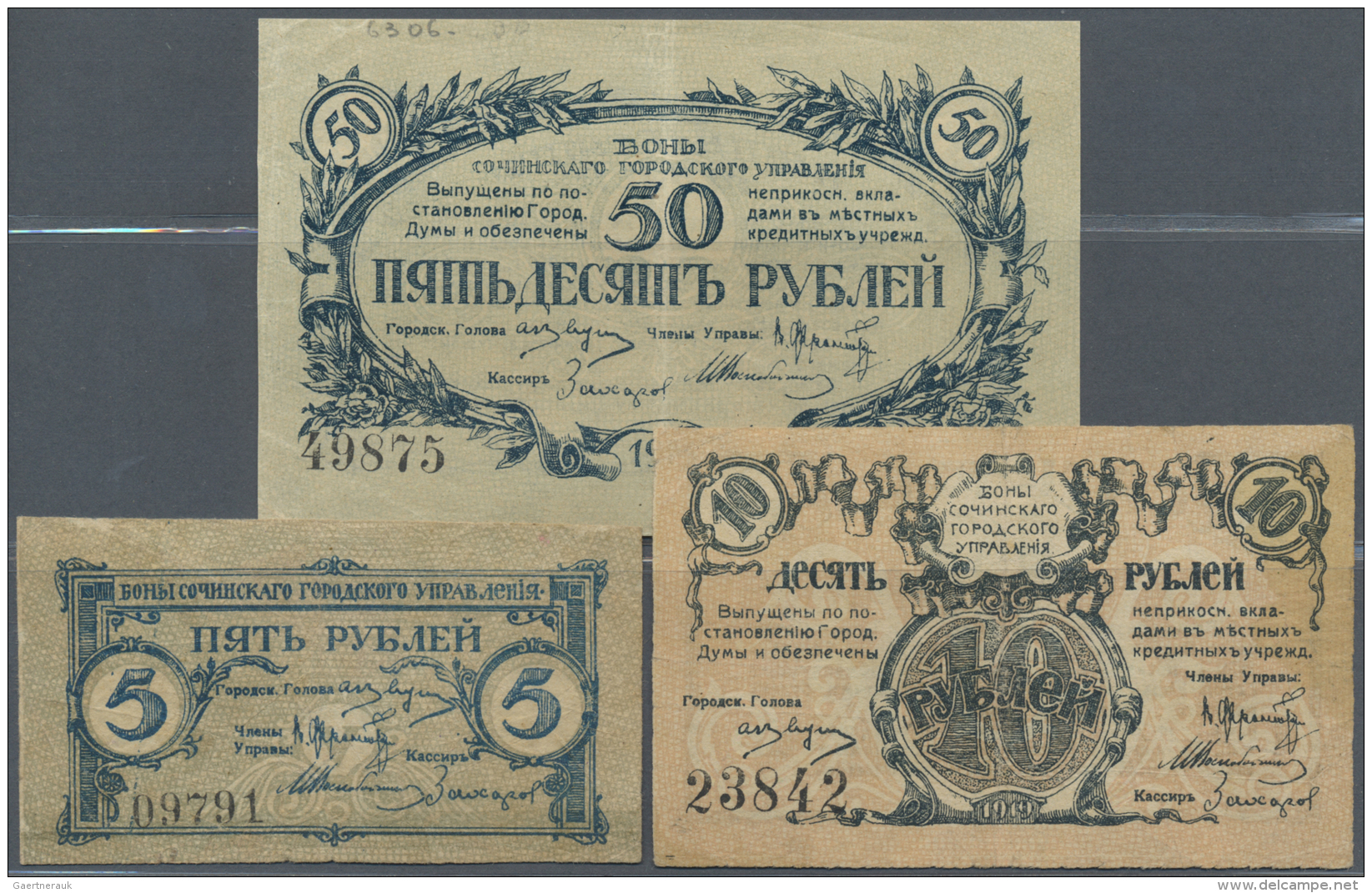 Russia / Russland: Set Of 3 Notes Bonds Of The Sochi City Administration, Containing 5, 10 And 50 Rublei 1919 P. S585B,C - Russie