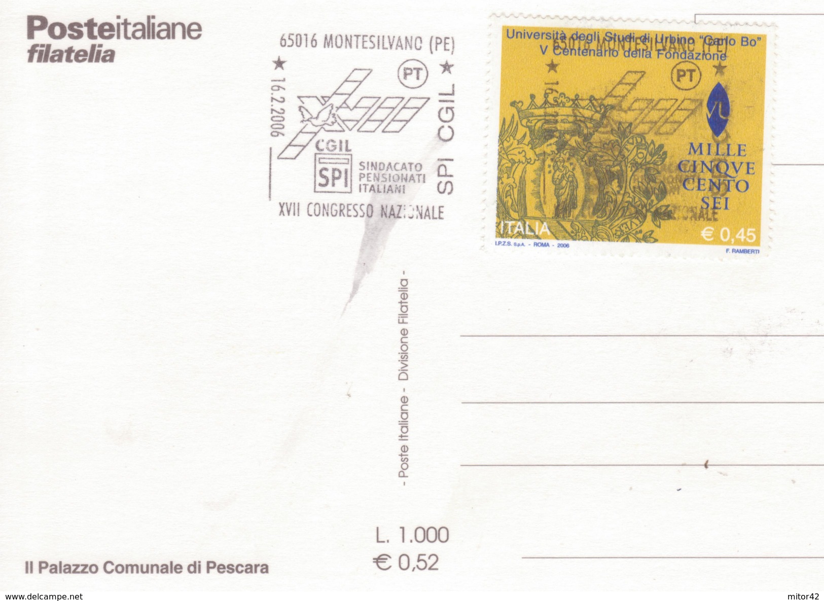 115-Marcofilia-Annullo Speciale-Tema:Sindacati-Montesilvano-Pescara-2000-Congresso Naz. SPI CGIL - 2001-10: Storia Postale