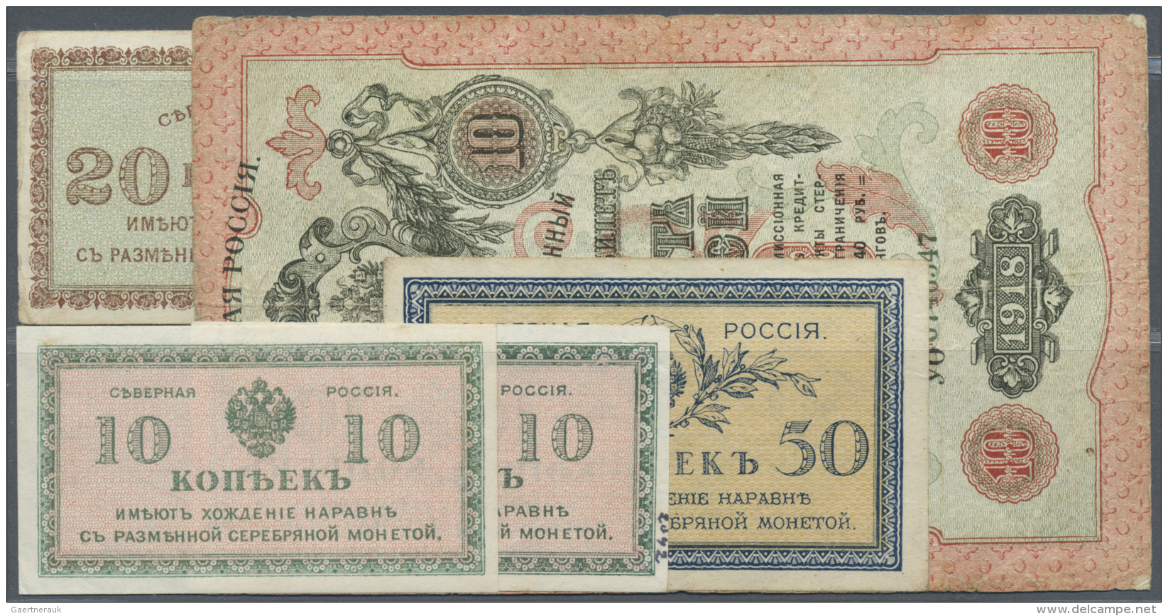 Russia / Russland: Set Of 5 Notes Chaikovskii Government 2x 10 Kopeks ND(1919) P. S131 (aUNC, XF), 20 Kopeks ND(1919) P. - Russie