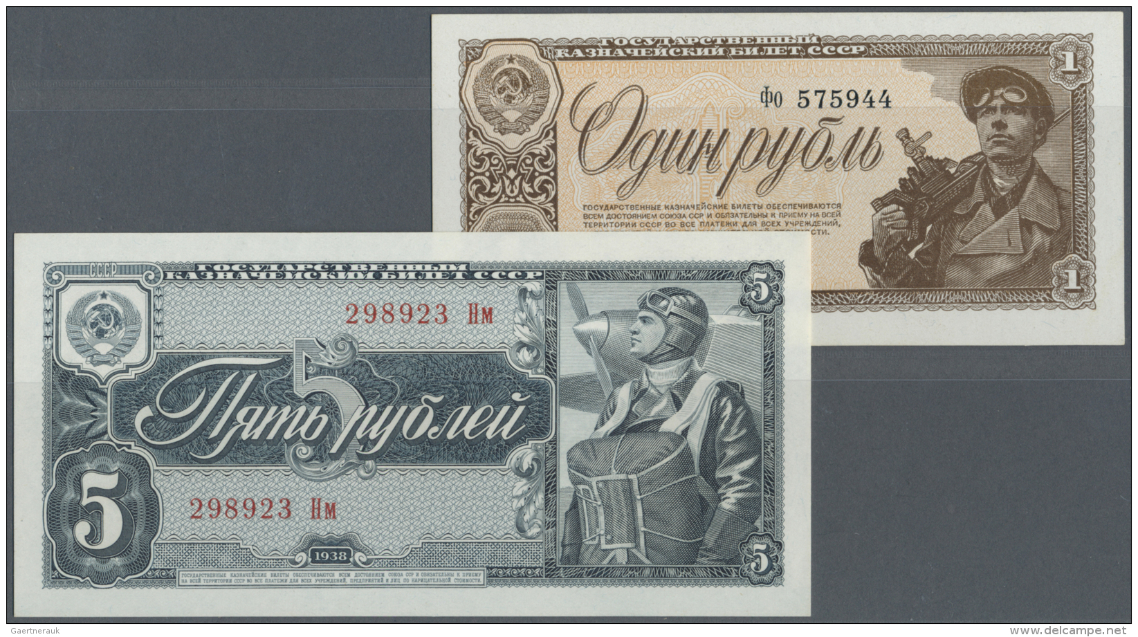 Russia / Russland: Pair With 1 And 5 Rubles 1938 P.213 And 215, Both In Perfect UNC Condition (2 Banknotes) - Russie