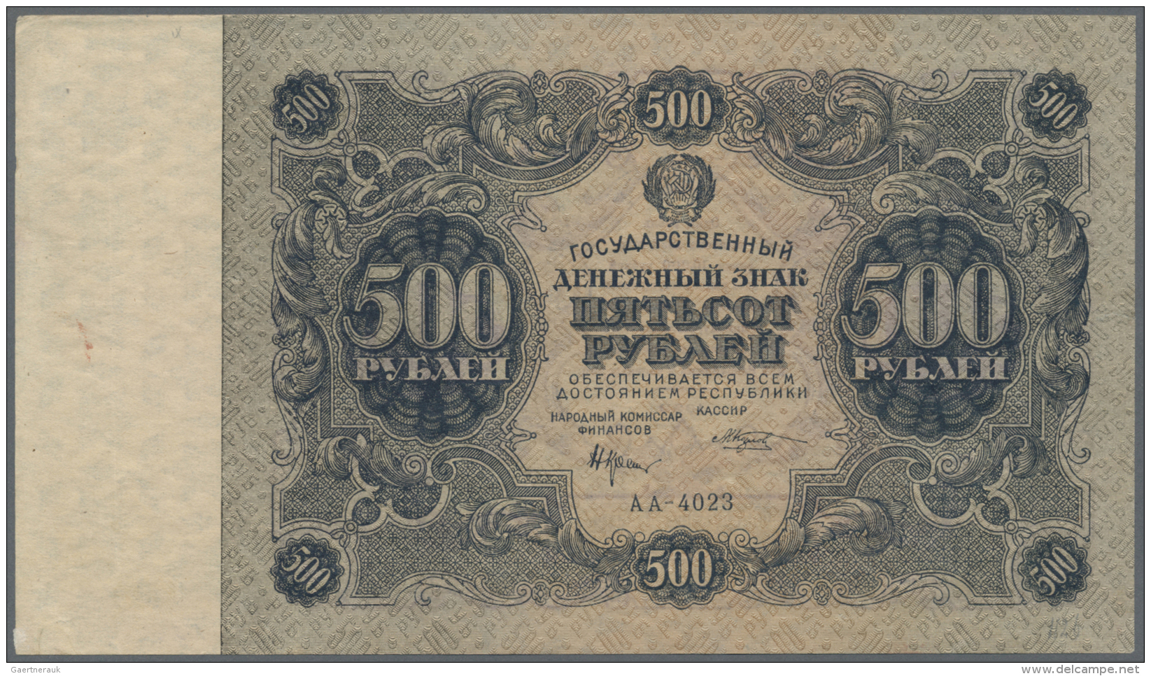 Russia / Russland: 500 Rubles 1922 P. 135, Crisp Original Paper One Vertical Fold And Corner Fold At Left, Otherwise Per - Russie