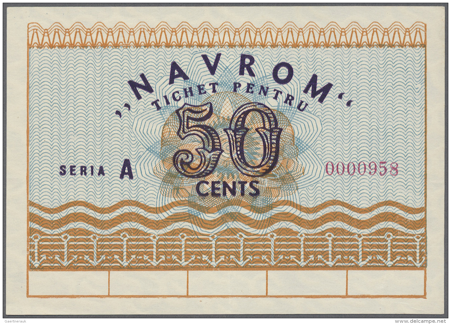 Romania / Rum&auml;nien: 50 Cents Navrom Serie A ND, P. NL., Only One Light Center Fold, Condition: XF. - Roumanie