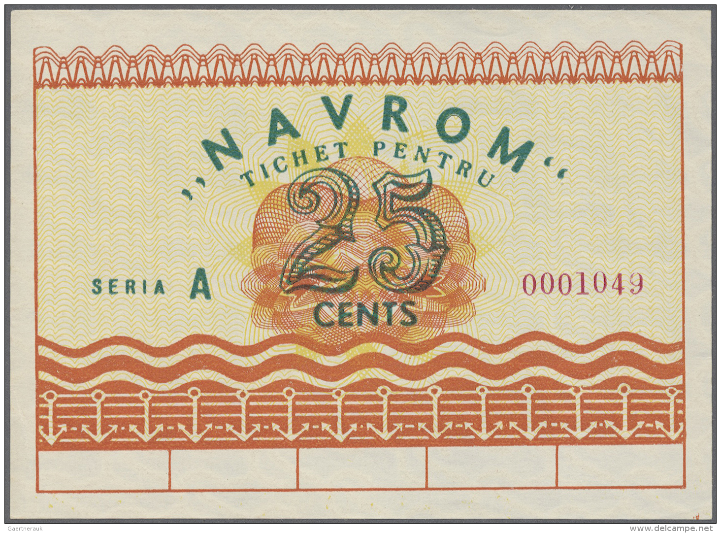 Romania / Rum&auml;nien: 25 Cents Navrom Serie A ND, P. NL., Light Dints At Upper Border, Condition: AUNC. - Roumanie