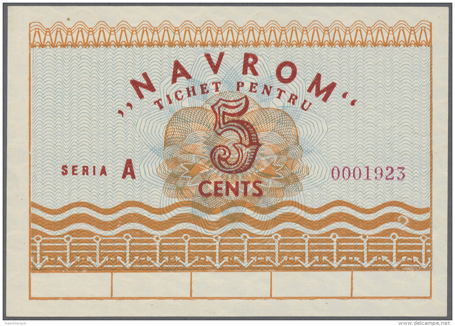Romania / Rum&auml;nien: 5 Cents Navrom Serie A ND, P. NL., In Condition: UNC. - Roumanie