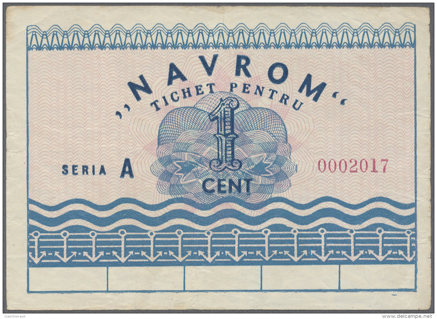 Romania / Rum&auml;nien: 1 Cent Navrom Serie A ND, P. NL., Vertical Folds, Creases And Handling In Paper, No Holes Or Te - Roumanie